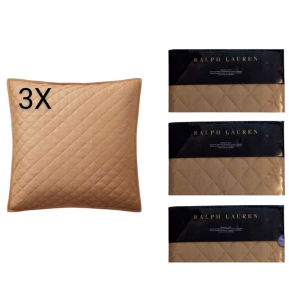 Lot Of 3 NWT Ralph Lauren Euro Sham Cromwell Quilted Camel Beige Tan $855 Value - Picture 1 of 12